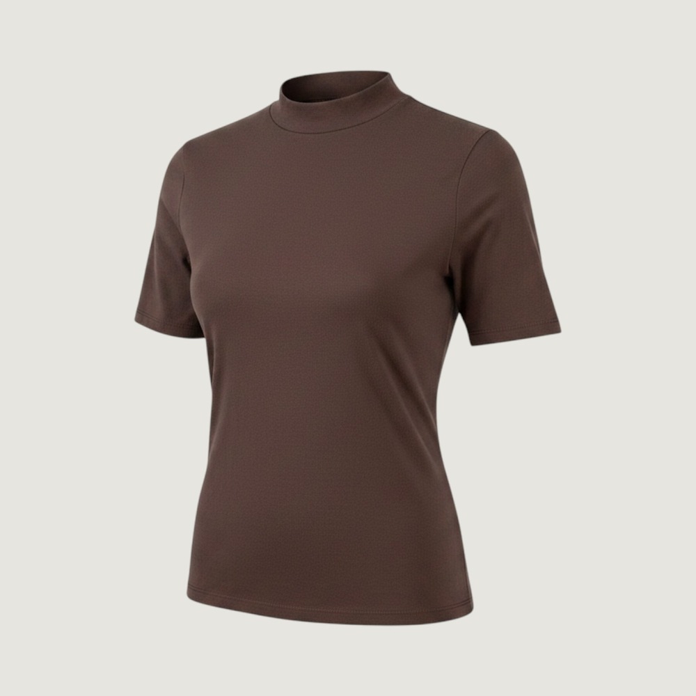A New Day Brown Ribbed Mock Neck Short Sleeve Top Large Stretch Cotton Modal